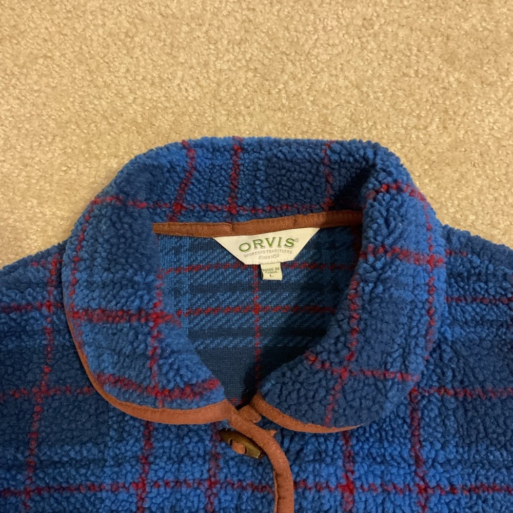 Orvis Blue Burgundy Plaid & Brown Trim Toggle 5 Button Down Fleece Jacket Blazer - Picture 14 of 15